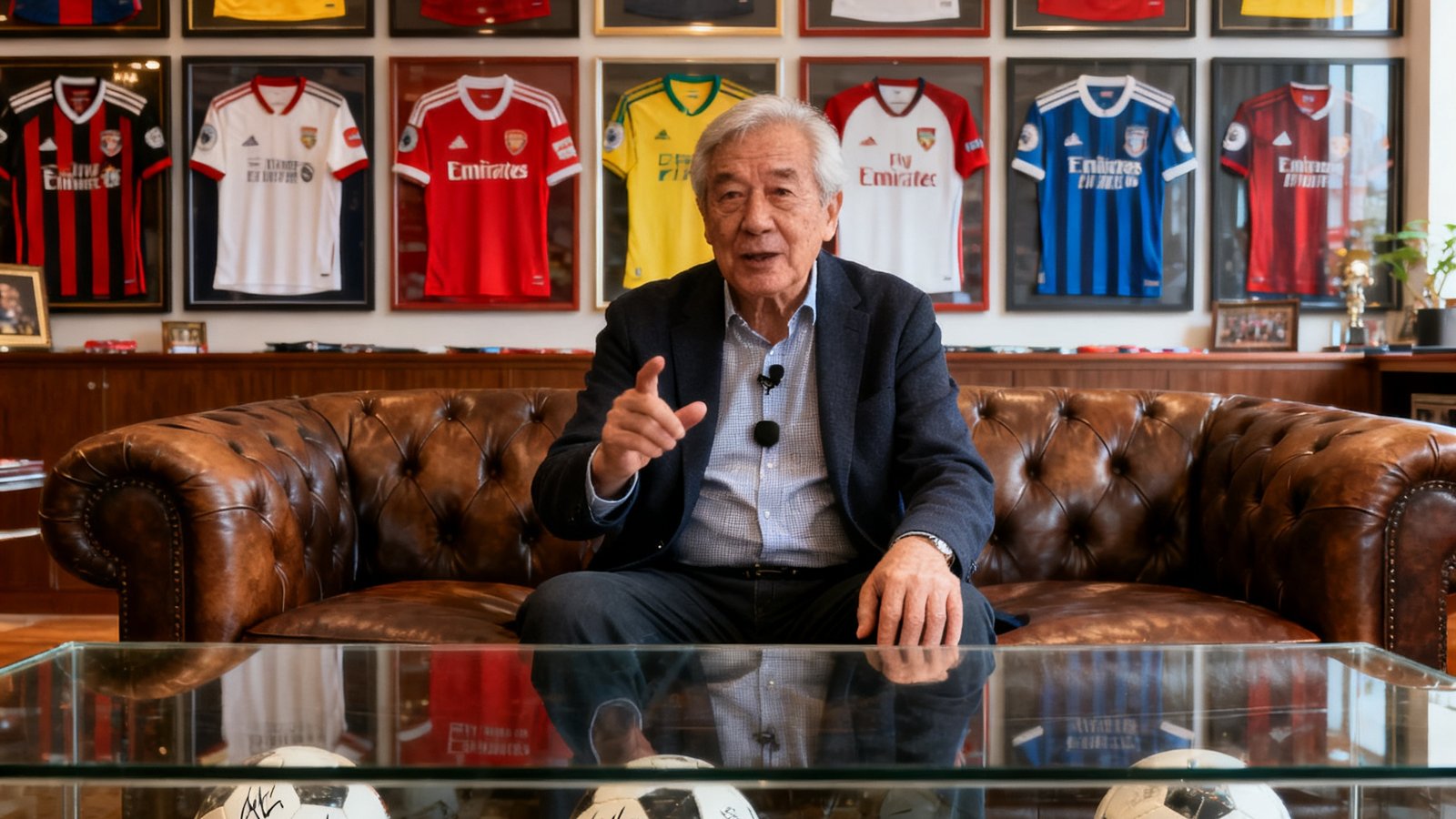 资深球迷李先生在家中收藏室接受访谈，身后是满墙的球衣和签名足球收藏